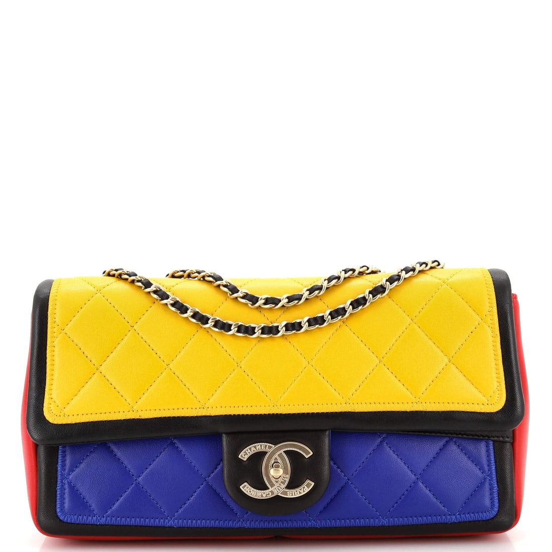 Chanel Graphic Flap Bag Quilted: Chanel Graphic Flap Bag Quilted Calfskin Medium Exterior Color: Black, Blue, Yellow, Multicolor Interior Color: Black Exterior Material: Leather Interior Material: Fabric Hardware Color: Gold Tone