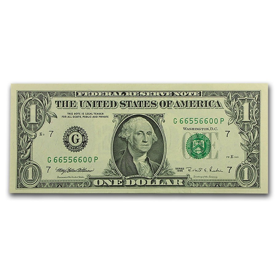 1995 (G-Chicago) $1.00 FRN CU: 1995 (G-Chicago) $1.00 FRN CU (Fr#1922-G) SKU no: RBJ18282 Year: 1995 Grade: (U) Crisp Unc Grade Service: None Denomination: 1 Dollar Mint Mark: G - Chicago Metal Content: 0 troy oz <