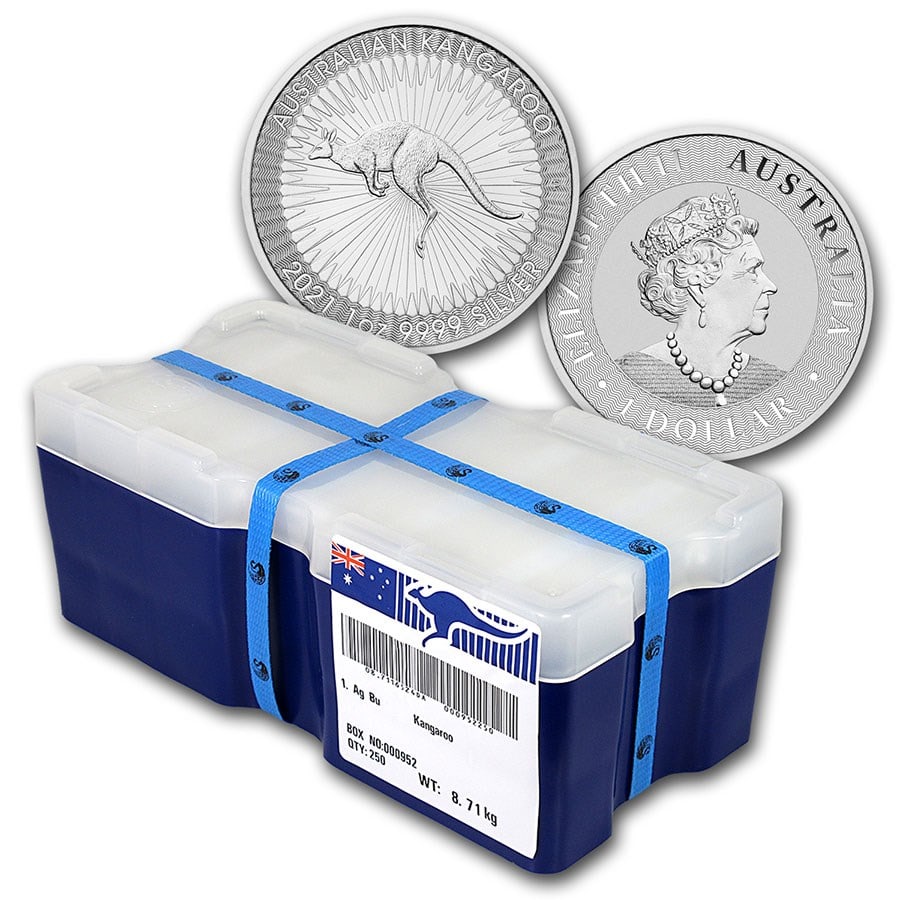2021 Australia 250-Coin 1 oz: 2021 Australia 250-Coin 1 oz Silver Kangaroo Mini Monster Box BU SKU no: RBJ218838 Year: 2021 Grade: Brilliant Unc Grade Service: None Denomination: 1 Dollar Mint Mark: P - Perth Metal Co