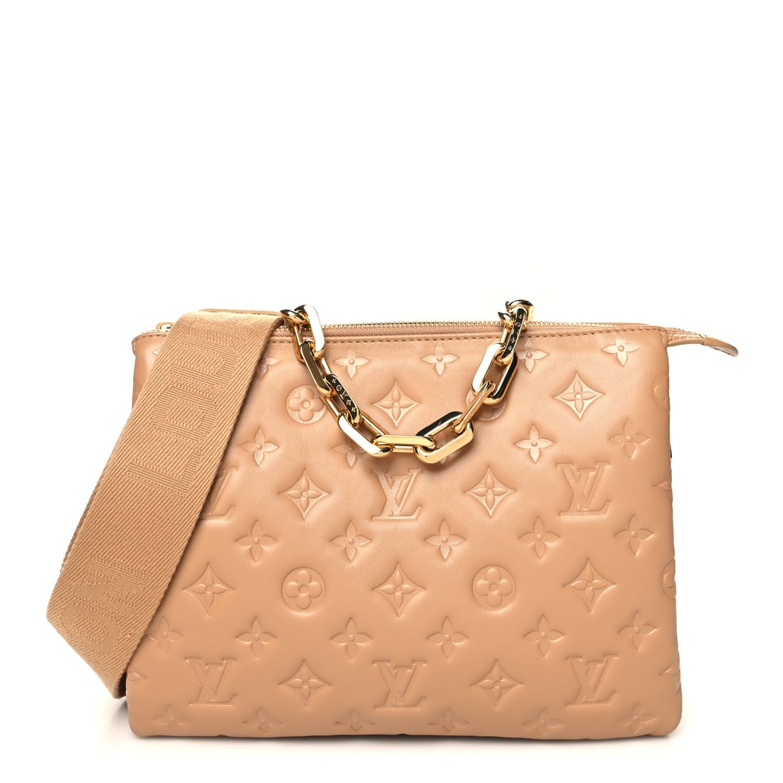 Louis Vuitton Lambskin Embossed Monogram: Louis Vuitton Lambskin Embossed Monogram Coussin PM Camel Brand: LOUIS VUITTON Condition: Excellent Condition Details: Exterior: Creases, Hardware: Scratch(es), Handle: Pilling, Box, Dust bag, 2 strap