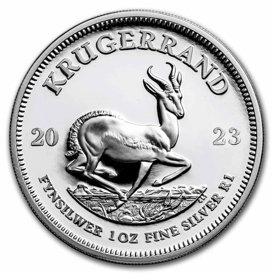 2023 South Africa 1 oz: 2023 South Africa 1 oz Silver Krugerrand Proof SKU no: RBJ263291 Year: 2023 Grade: Proof Grade Service: None Denomination: 1 Rand Mint Mark: Not Shown Metal Content: 1 troy oz Pu