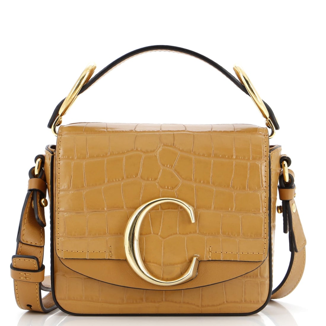 Chloe C Double Carry Bag: Chloe C Double Carry Bag Crocodile Embossed Leather Mini Exterior Color: Brown Interior Color: Neutral Exterior Material: Leather Interior Material: Fabric Hardware Color: Gold Accessories: No Acc