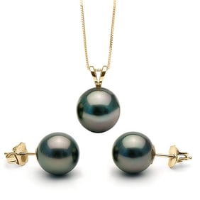 Black Tahitian Pearl Solitaire Pendant and Classic Stud Earring Set