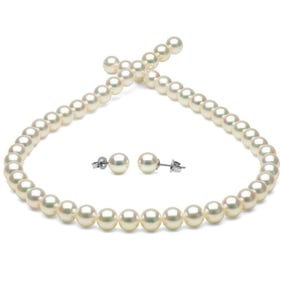 White Hanadama Japanese Akoya Pearl Jewelry Set, 7.0-7.5mm