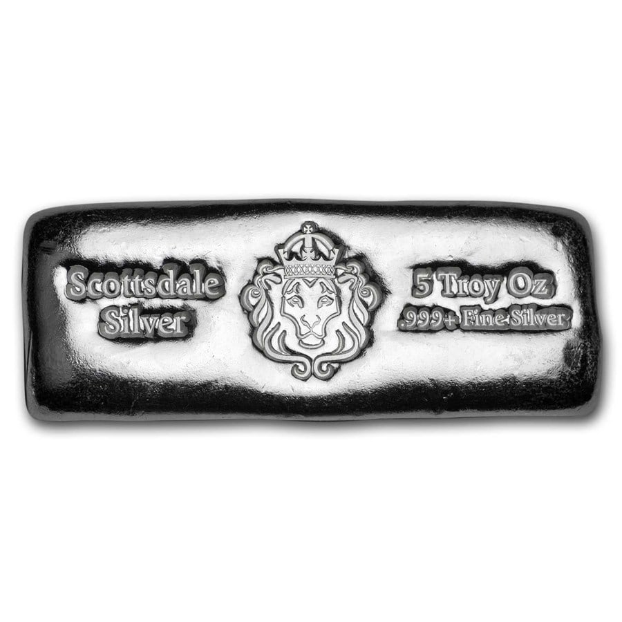 5 oz Silver Cast-Poured Bar: 5 oz Silver Cast-Poured Bar - Scottsdale SKU no: RBJ195376 Year: N/A Grade: None Grade Service: None Mint Mark: N/A - Not Available Metal Content: 5 troy oz Purity: .999 Thicknes