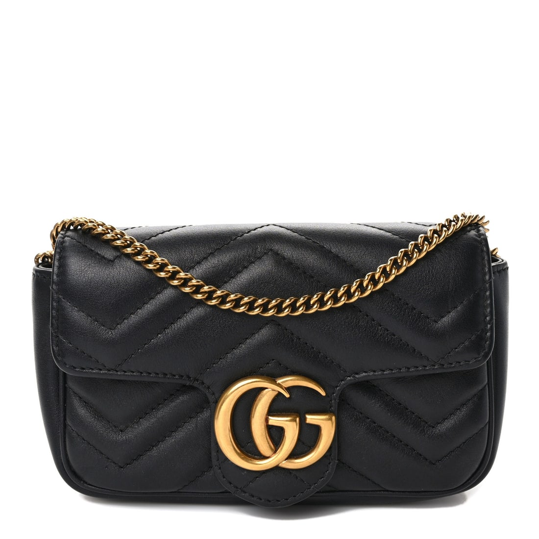 Gucci Calfskin Matelasse Super Mini: Gucci Calfskin Matelasse Super Mini GG Marmont Shoulder Bag Black Brand: GUCCI Condition: Shows Wear Condition Details: Exterior: Scuffs, Interior: Scuffs, marks, pilling, Box, Dust bag Base length: 6