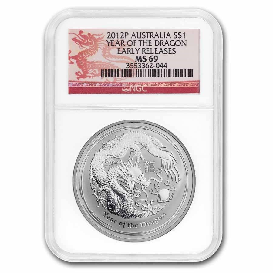 2012 Australia 1 oz Silver: 2012 Australia 1 oz Silver Year of the Dragon MS-69 NGC ER SKU no: RBJ285303 Year: 2012 Grade: MS-69 Grade Service: NGC Denomination: 1 Dollar Mint Mark: P - Perth Metal Content: 1 troy o