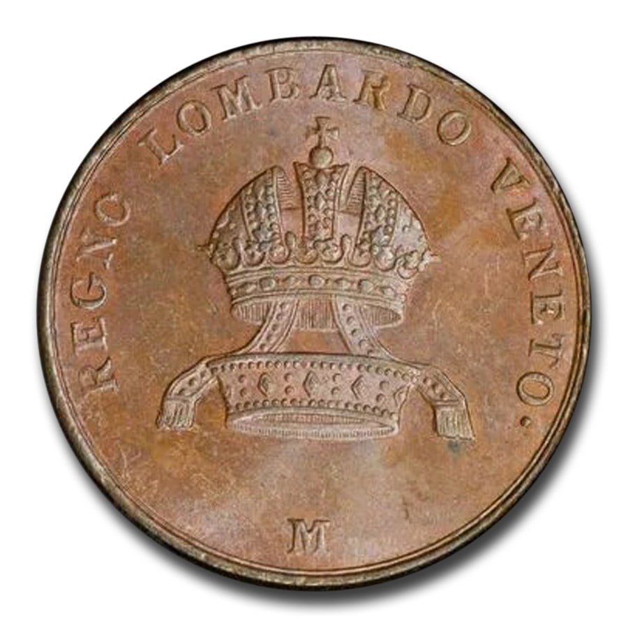 1843-M Italy 5 Centesimi MS-63: 1843-M Italy 5 Centesimi MS-63 PCGS (BN, Lombardy) SKU no: RBJ302511 Year: 1843 Grade Service: PCGS Denomination: 5 Centesimi Metal Content: 0 troy oz Purity: None Diameter: 0 mm