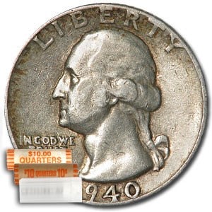 1940-S Washington Quarter 40-Coin Roll: 1940-S Washington Quarter 40-Coin Roll Avg Circ SKU no: RBJ50886 Year: 1940 Grade: Average Circulated Grade Service: None Denomination: 25 Cents Mint Mark: S - San Francisco Metal Content