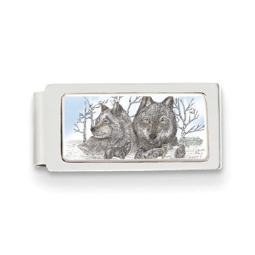 Wolf Portrait Hinged Money Clip: Wolf Portrait Hinged Money Clip SKU no: RBJ202310 Metal Weight: 0.2 GM Length Of Item: 2 in