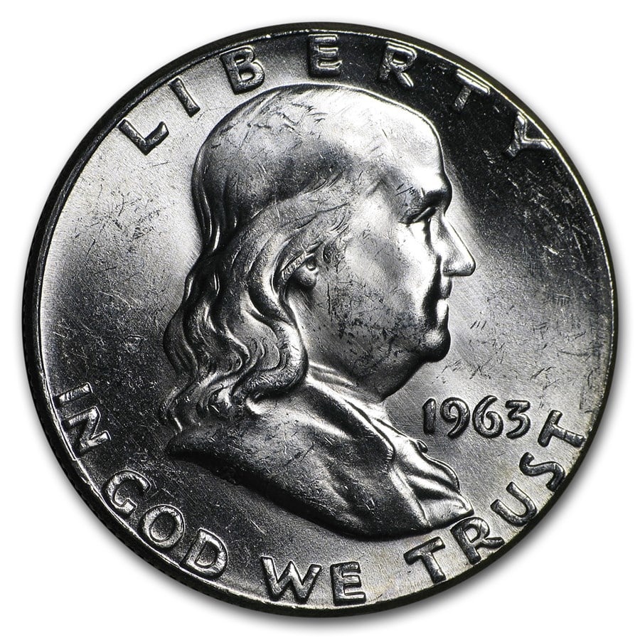 1963 Franklin Half Dollar BU: 1963 Franklin Half Dollar BU SKU no: RBJ7880 Year: 1963 Grade: Brilliant Unc Grade Service: None Denomination: $0.50 Mint Mark: P - Philadelphia (Not Shown) Metal Content: 0.3575 troy oz