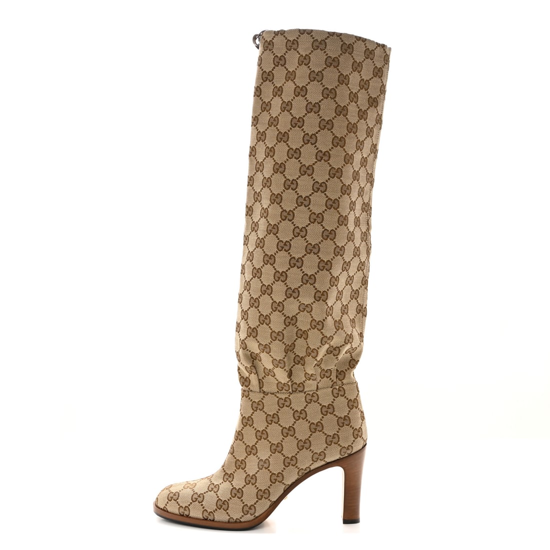 Gucci Monogram Malaga Kid Lisa: Gucci Monogram Malaga Kid Lisa Mid Heel Boots 38.5 Beige Ebony Brand: GUCCI Condition: Excellent Condition Details: Exterior: Scuffs, marks, Other: Marks on sole(s), 2 dust bags Size: 38.5 EU Shaft: 1