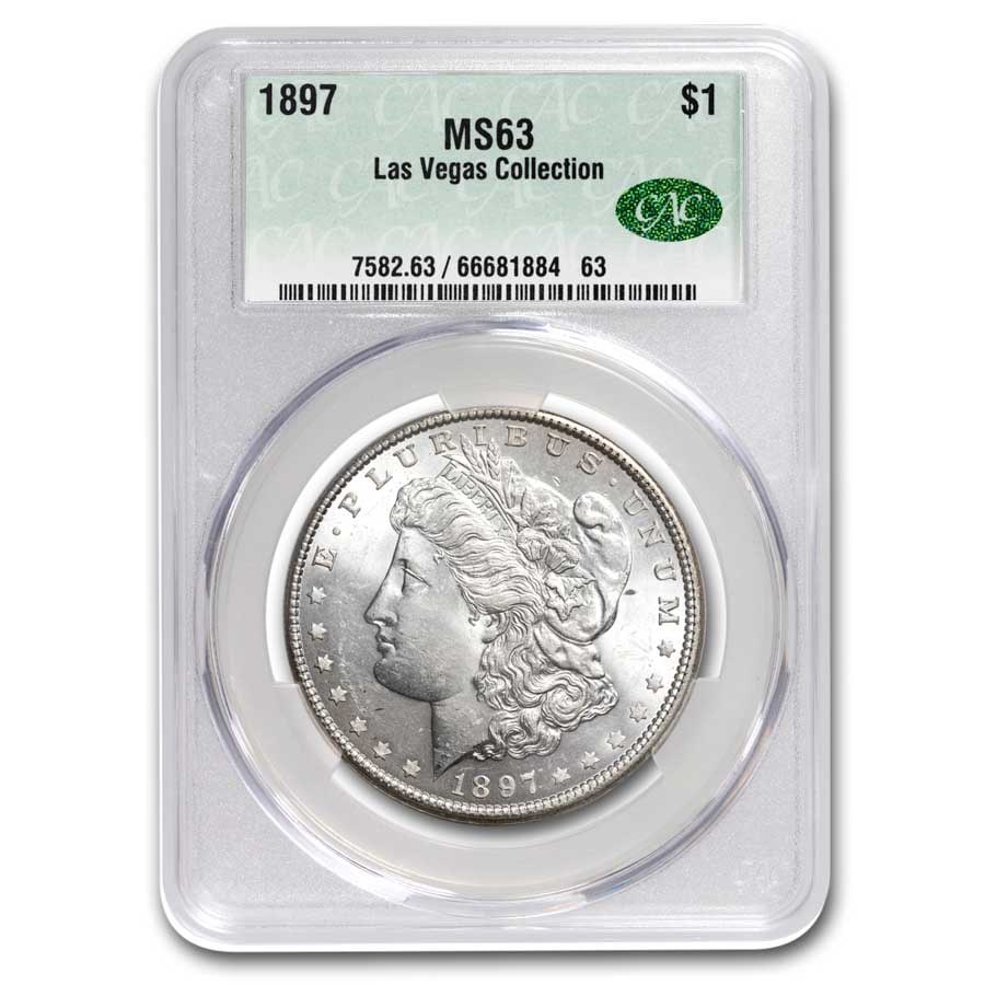 1897 Morgan Dollar MS-63 CACG: 1897 Morgan Dollar MS-63 CACG SKU no: RBJ292530 Year: 1897 Grade: MS-63 Grade Service: CAC Denomination: 1 Dollar Mint Mark: P - Philadelphia (Not Shown) Metal Content: 0.7734 troy oz