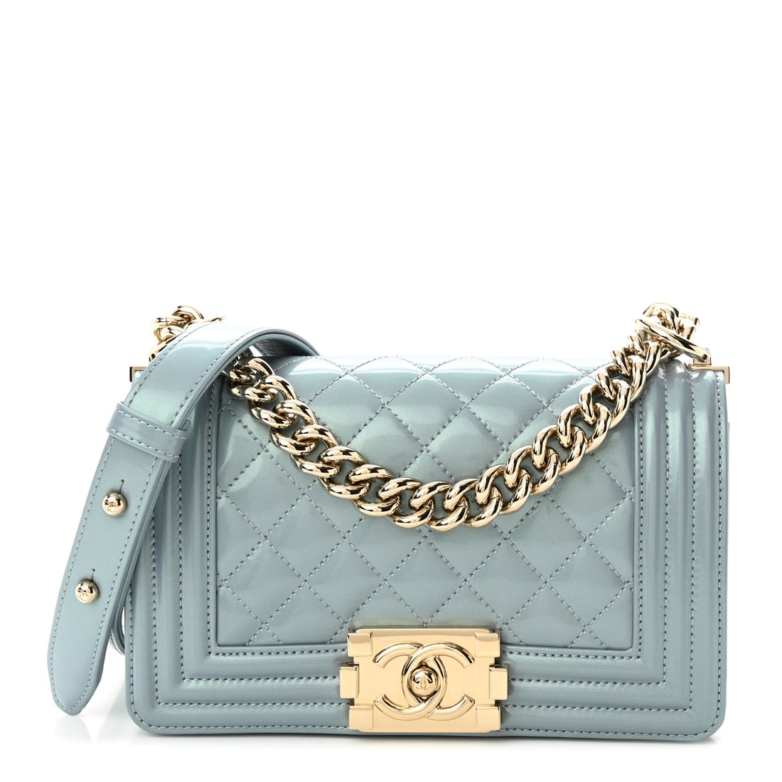 Chanel Iridescent Glazed Calfskin Quilted: Chanel Iridescent Glazed Calfskin Quilted Small Boy Flap Light Blue Brand: CHANEL Condition: Excellent Condition Details: Exterior: Edge wear, faint corner wear, Handle: Creases, Interior: Scuffs, imp