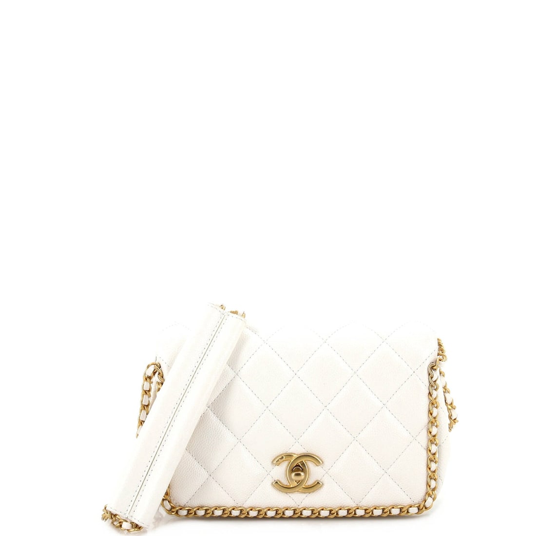 Chanel Chain Around Multi Chain: Chanel Chain Around Multi Chain Full Flap Bag Quilted Caviar Mini Exterior Color: White Interior Color: Black Exterior Material: Leather Interior Material: Leather Hardware Color: Aged Gold Access