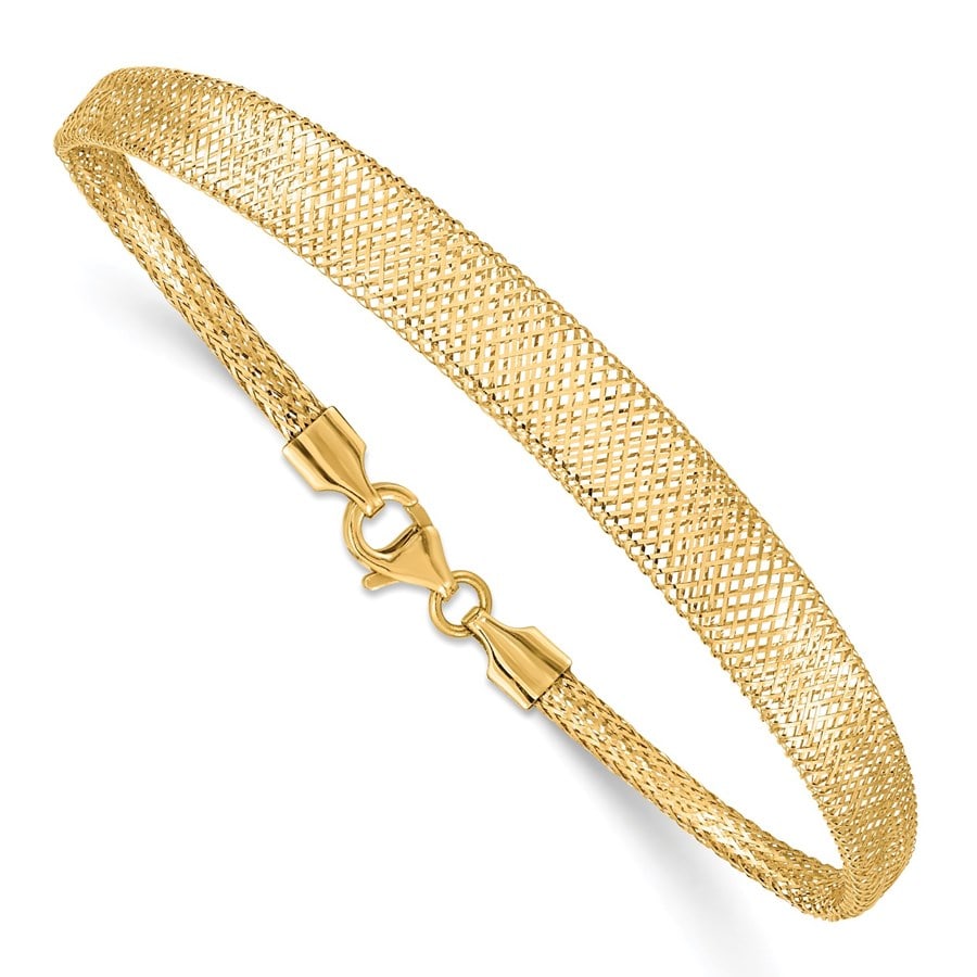 14k Yellow Gold Stretch Mesh: 14k Yellow Gold Stretch Mesh Graduated Bracelet - 7 in. SKU no: RBJ203852 Metal: Gold Purity: 14K Metal Weight: 1.57 GM Finish: Polished Length Of Item: 7 in Chain Type: Mesh Cha