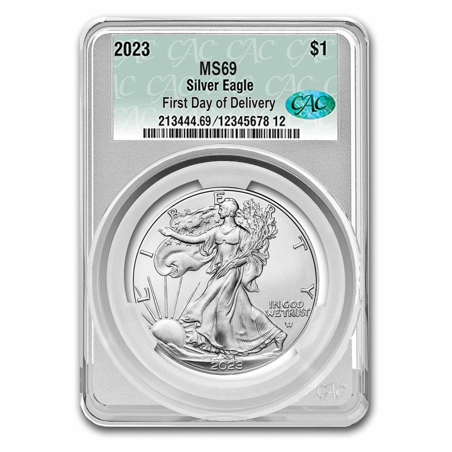 2023 American Silver Eagle MS-69: 2023 American Silver Eagle MS-69 CAC (First Day of Delivery) SKU no: RBJ279988 Year: 2023 Grade: MS-69 Grade Service: Other Denomination: 1 Dollar Mint Mark: Not Shown Metal Content: 1 tr