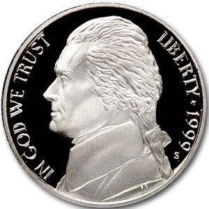1999-S Jefferson Nickel Gem Proof: 1999-S Jefferson Nickel Gem Proof SKU no: RBJ6721 Year: 1999 Grade: Gem Proof Grade Service: None Denomination: 5 Cents Mint Mark: S - San Francisco Metal Content: 0 troy oz Puri