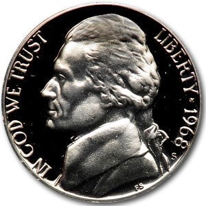 1968-S Jefferson Nickel Gem Proof: 1968-S Jefferson Nickel Gem Proof SKU no: RBJ6451 Year: 1968 Grade: Gem Proof Grade Service: None Denomination: 5 Cents Mint Mark: S - San Francisco Metal Content: 0 troy oz Puri
