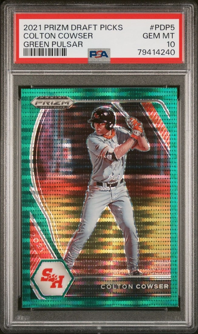 graded 2021 prizm dp colton cowser #pdp5 green pulsar RC baseball card PSA 10: graded 2021 prizm dp colton
