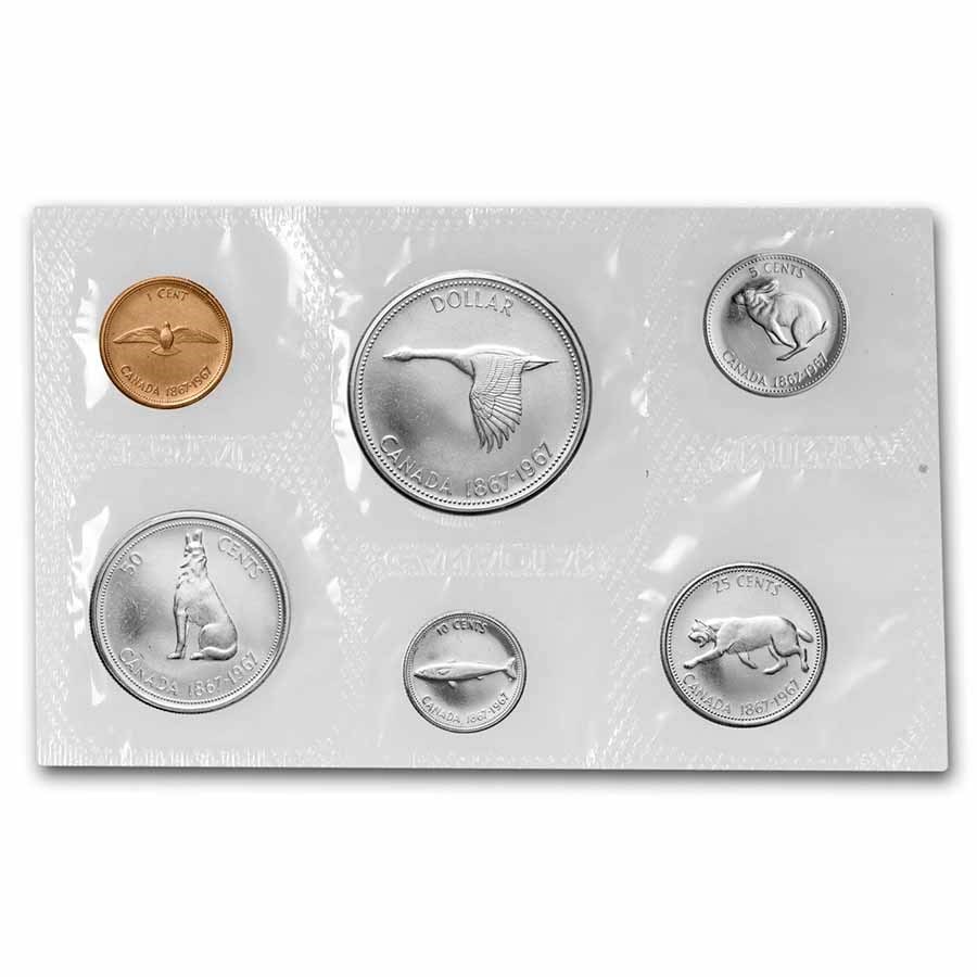 1967 Canada 6-Coin Silver Prooflike Set: 1967 Canada 6-Coin Silver Prooflike Set (1.11 ASW) SKU no: RBJ83291 Year: 1967 Grade: Gem Brilliant Unc Grade Service: None Denomination: Varies Mint Mark: RCM (Not Shown) Metal Content: