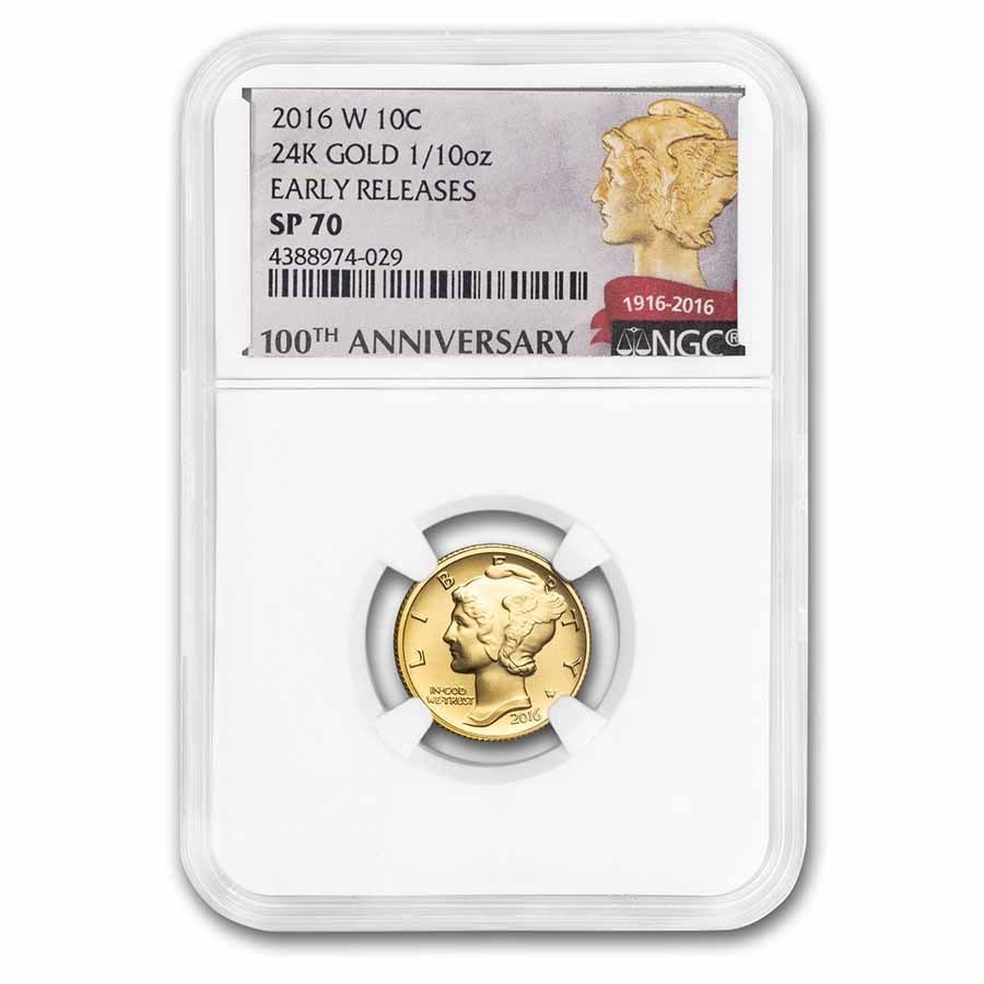 2016-W 1/10 oz Gold Mercury Dime: 2016-W 1/10 oz Gold Mercury Dime SP-70 NGC (ER) SKU no: RBJ95511 Year: 2016 Grade Service: NGC Denomination: 10 Cents Metal Content: 0.1 troy oz Purity: .9999 Thickness: 1.19 mm