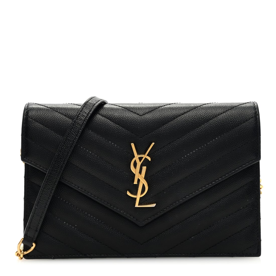 Saint Laurent Grain De Poudre: Saint Laurent Grain De Poudre Matelasse Chevron Monogram Envelope Chain Wallet Black Brand: SAINT LAURENT Condition: Excellent Condition Details: Exterior: Corner wear, Interior: Scuffs, marks, Hardwa