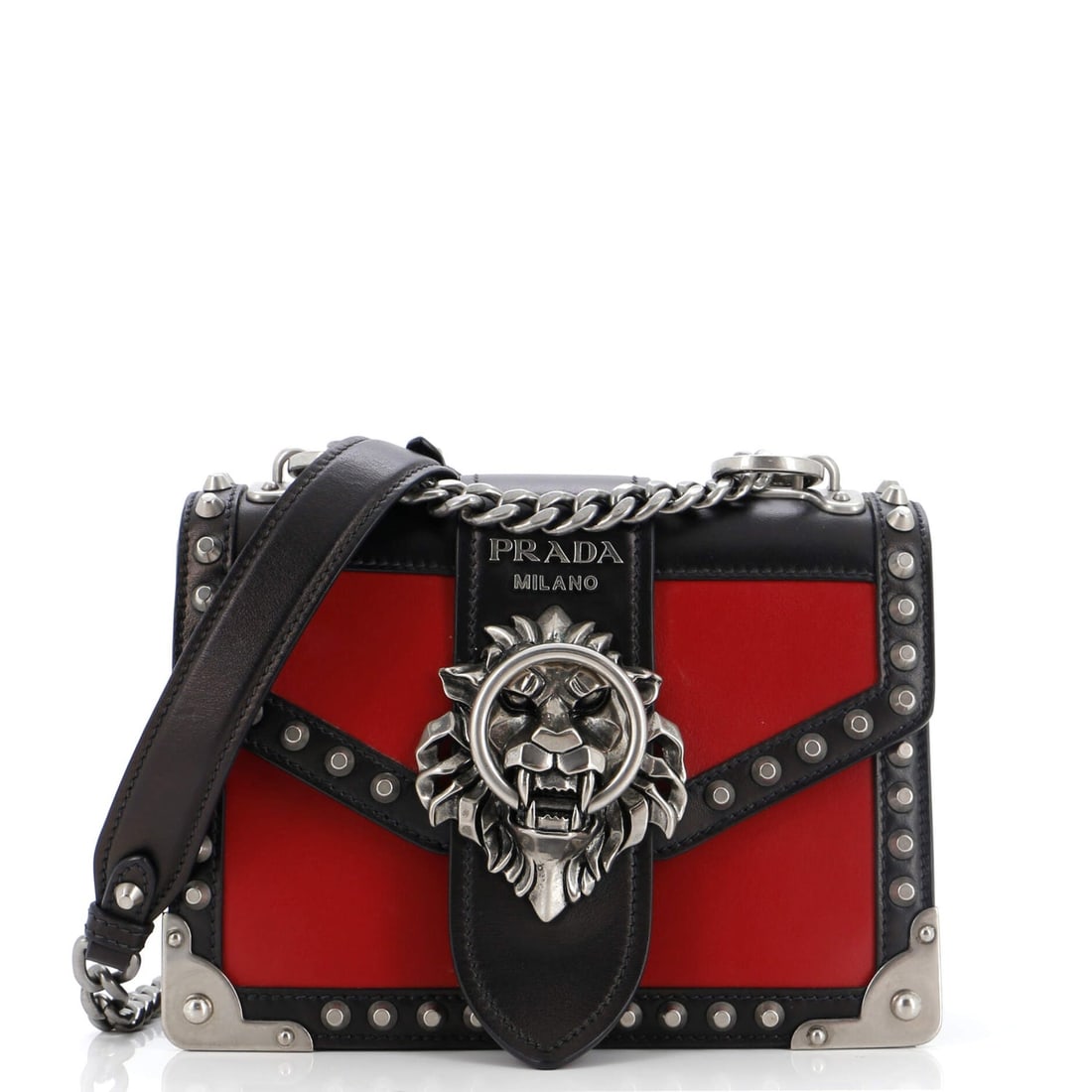 Prada Animalier Cahier Crossbody Bag Studded: Prada Animalier Cahier Crossbody Bag Studded Leather Small Exterior Color: Black, Red Interior Color: Black Exterior Material: Leather Interior Material: Leather Hardware Color: Aged Silver Access
