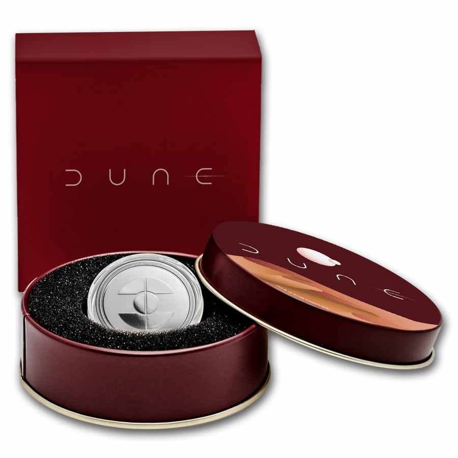 DUNE 2 House Fremen 1 oz: DUNE 2 House Fremen 1 oz Silver w/Gift Box Tin SKU no: RBJ281783 Grade: None Grade Service: None Mint Mark: None Metal Content: 1 troy oz Purity: .999 Diameter: 39 mm