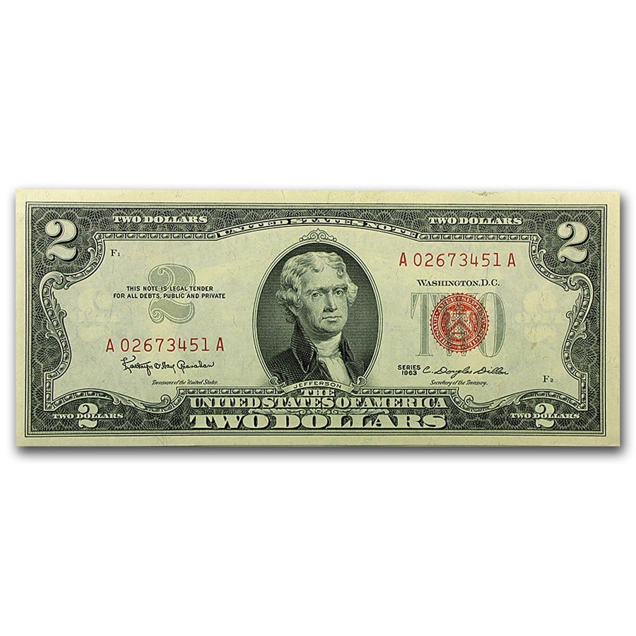 1963s $2.00 U.S. Notes Red Seal: 1963s $2.00 U.S. Notes Red Seal AU SKU no: RBJ47299 Year: 1963 Grade: Almost Unc Grade Service: None Denomination: $2.00 Mint Mark: N/A - Not Available Metal Content: 0 troy oz P