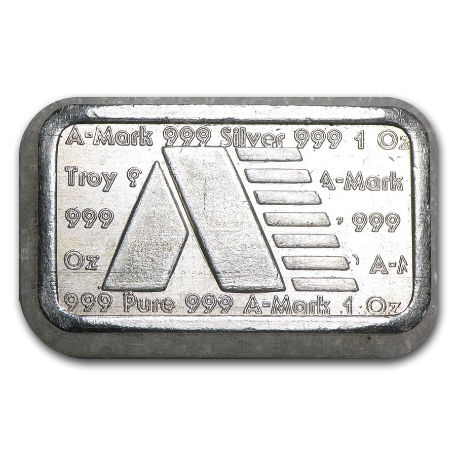 1 oz Silver Bar - A-Mark: 1 oz Silver Bar - A-Mark Brick (Type-2) SKU no: RBJ46662 Year: 1981 Grade: None Grade Service: None Mint Mark: N/A - Not Available Metal Content: 1 troy oz Purity: .999 Thickness