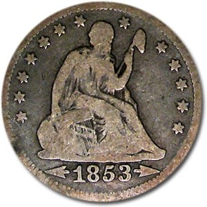 1853 Liberty Seated Quarter w/Arrows &: 1853 Liberty Seated Quarter w/Arrows & Rays Good SKU no: RBJ29061 Year: 1853 Grade: Good Grade Service: None Denomination: 25 Cents Mint Mark: P - Philadelphia (Not Shown) Metal Content: