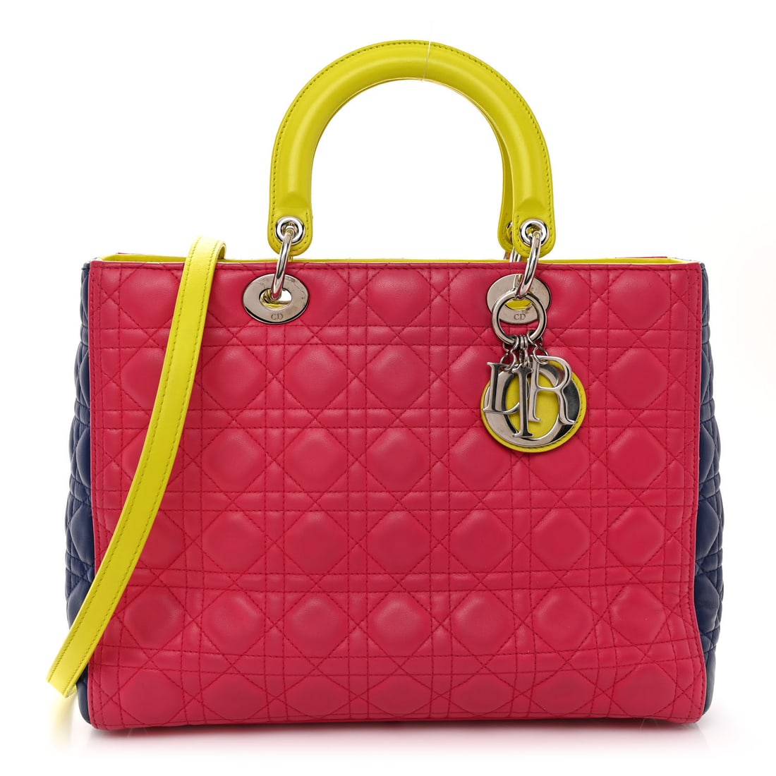 Christian Dior Lambskin Cannage Large Tri-Color: Christian Dior Lambskin Cannage Large Tri-Color Lady Dior Pink Blue Yellow Brand: CHRISTIAN DIOR Condition: Shows Wear Condition Details: Interior: Residue marks, scuffs, marks, imprints, Exterior: Co