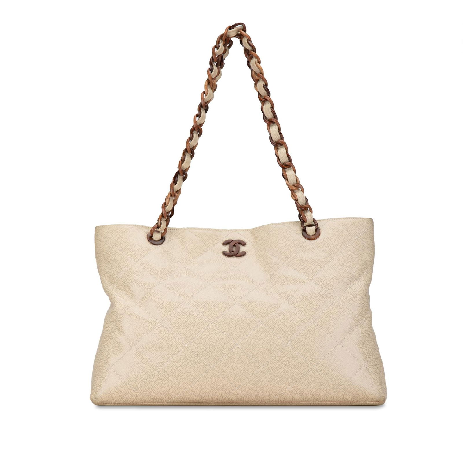 Chanel CC Quilted Caviar Wood Chain: Chanel CC Quilted Caviar Wood Chain Tote Condition Quality: Exterior Front stained with Other. Exterior Back stained with Other. Exterior Bottom Worn. Exterior Bottom stained with Other. Exterior Hand