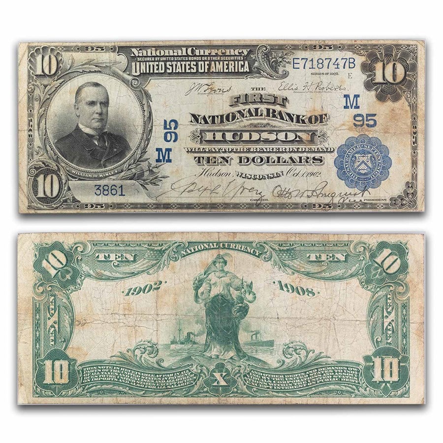 1902 Date Back $10 Hudson, WI: 1902 Date Back $10 Hudson, WI Fine (Fr#624) CH#95 SKU no: RBJ300316 Year: 1902 Grade: Fine Grade Service: None Denomination: 10 Dollars Mint Mark: N/A - Not Available Metal Content: 0 tro