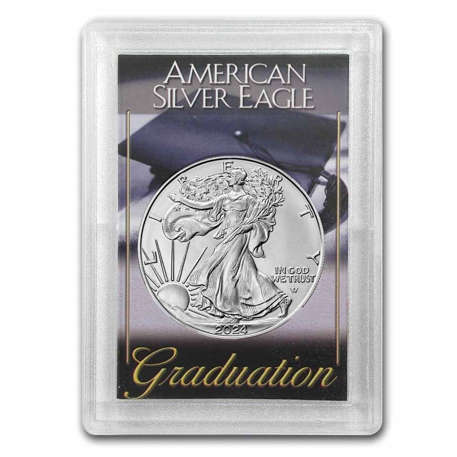 2024 1 oz Silver Eagle -: 2024 1 oz Silver Eagle - w/Harris Holder, Graduation Design SKU no: RBJ270453 Year: 2024 Grade: Brilliant Unc Grade Service: None Denomination: 1 Dollar Mint Mark: W - West Point (Not Shown) <