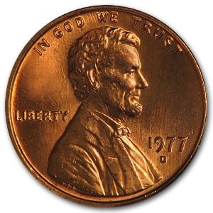 1977-D Lincoln Cent BU (Red): 1977-D Lincoln Cent BU (Red) SKU no: RBJ6774 Year: 1977 Grade: Brilliant Unc Grade Service: None Denomination: $0.01 Mint Mark: D - Denver Metal Content: 0 troy oz Purity: N/A