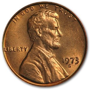 1973-S Lincoln Cent BU (Red): 1973-S Lincoln Cent BU (Red) SKU no: RBJ6765 Year: 1973 Grade: Brilliant Unc Grade Service: None Denomination: $0.01 Mint Mark: S - San Francisco Metal Content: 0 troy oz Purity: