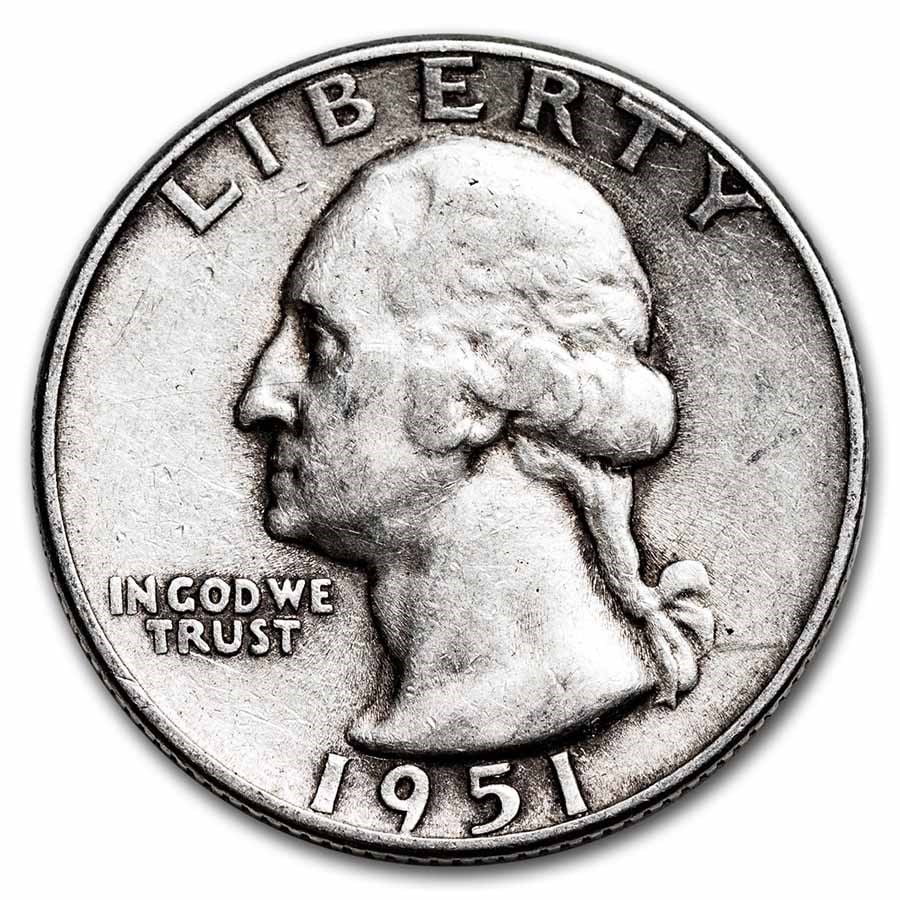 1951-S Washington Quarter VG/XF: 1951-S Washington Quarter VG/XF SKU no: RBJ12402 Year: 1951 Grade: Very Good or Better Grade Service: None Denomination: 25 Cents Mint Mark: S - San Francisco Metal Content: 0.1788 troy o
