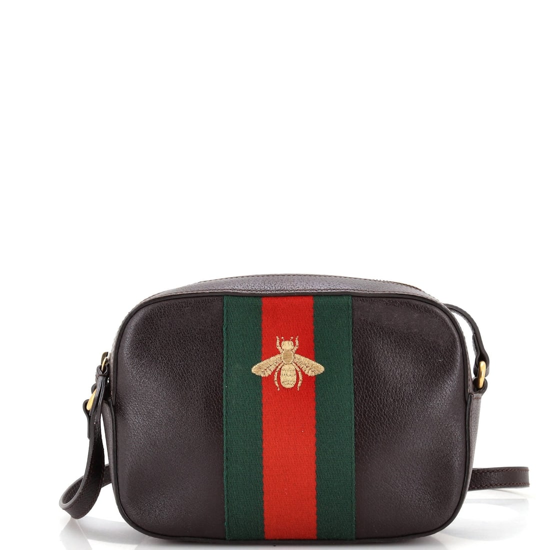 Gucci Bee Web Camera Bag Leather: Gucci Bee Web Camera Bag Leather Exterior Color: Brown Interior Color: Neutral Exterior Material: Leather Interior Material: Fabric Hardware Color: Gold Accessories: Dust bag SKU no: RBJH