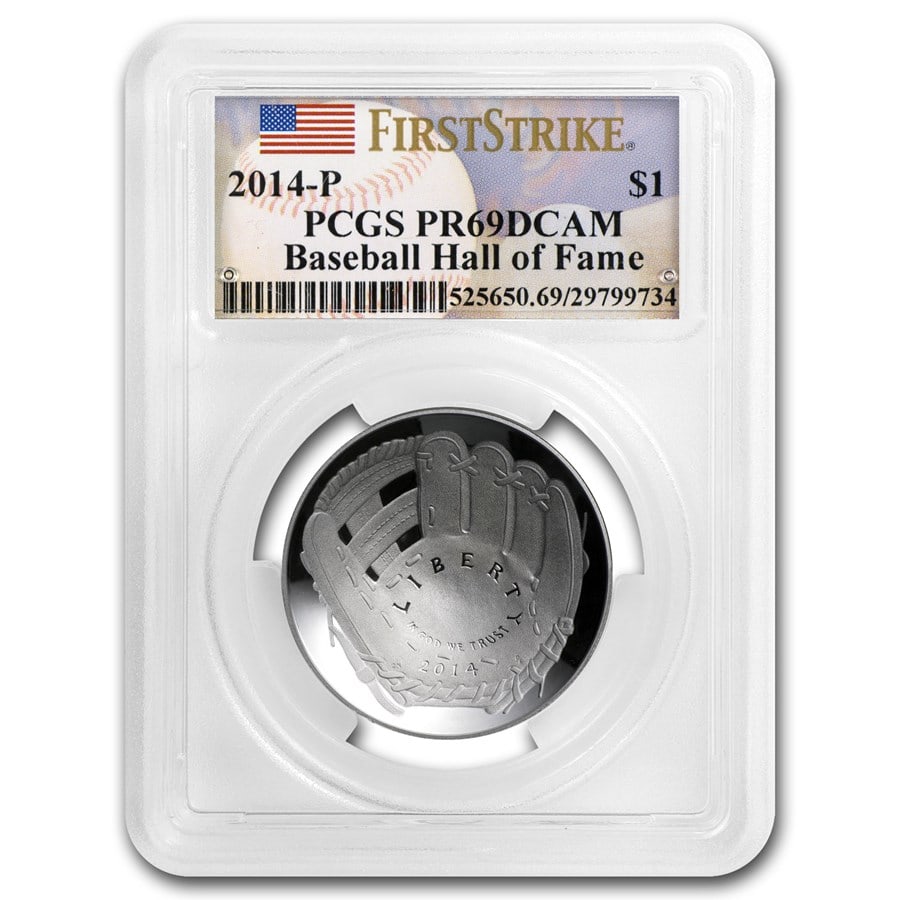 2014-P Baseball HOF $1 Silver Commem: 2014-P Baseball HOF $1 Silver Commem PR-69 PCGS (FS) SKU no: RBJ83233 Year: 2014 Grade: Proof - 69 DCAM Grade Service: PCGS Denomination: 1 Dollar Mint Mark: P - Philadelphia Metal Conten