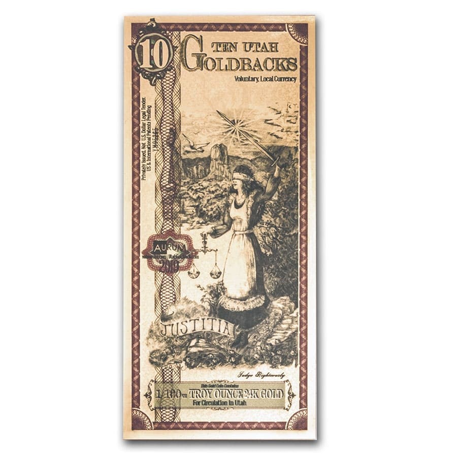 10 Utah Goldback - Aurum Gold: 10 Utah Goldback - Aurum Gold Foil Note (24k) SKU no: RBJ204991 Year: N/A Not Available Grade: (U) Crisp Unc Grade Service: None Denomination: 10 Utah Goldback Mint Mark: N/A - Not Available <