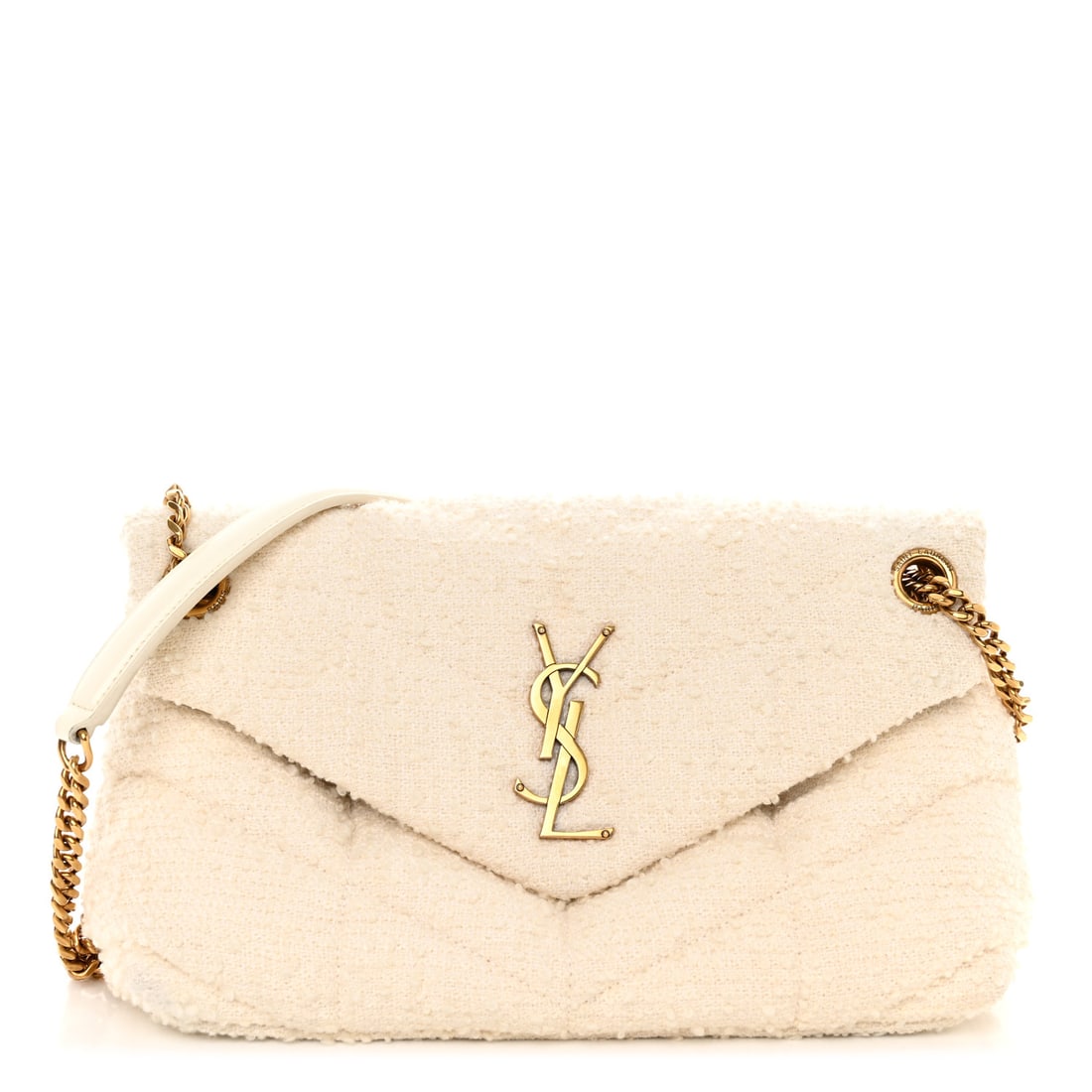 Saint Laurent Boucle Tweed Quilted Small: Saint Laurent Boucle Tweed Quilted Small Loulou Puffer Monogram Chain Satchel Crema Soft Brand: SAINT LAURENT Condition: Shows Wear Condition Details: Exterior: Edge wear, faint corner wear, Handle: E