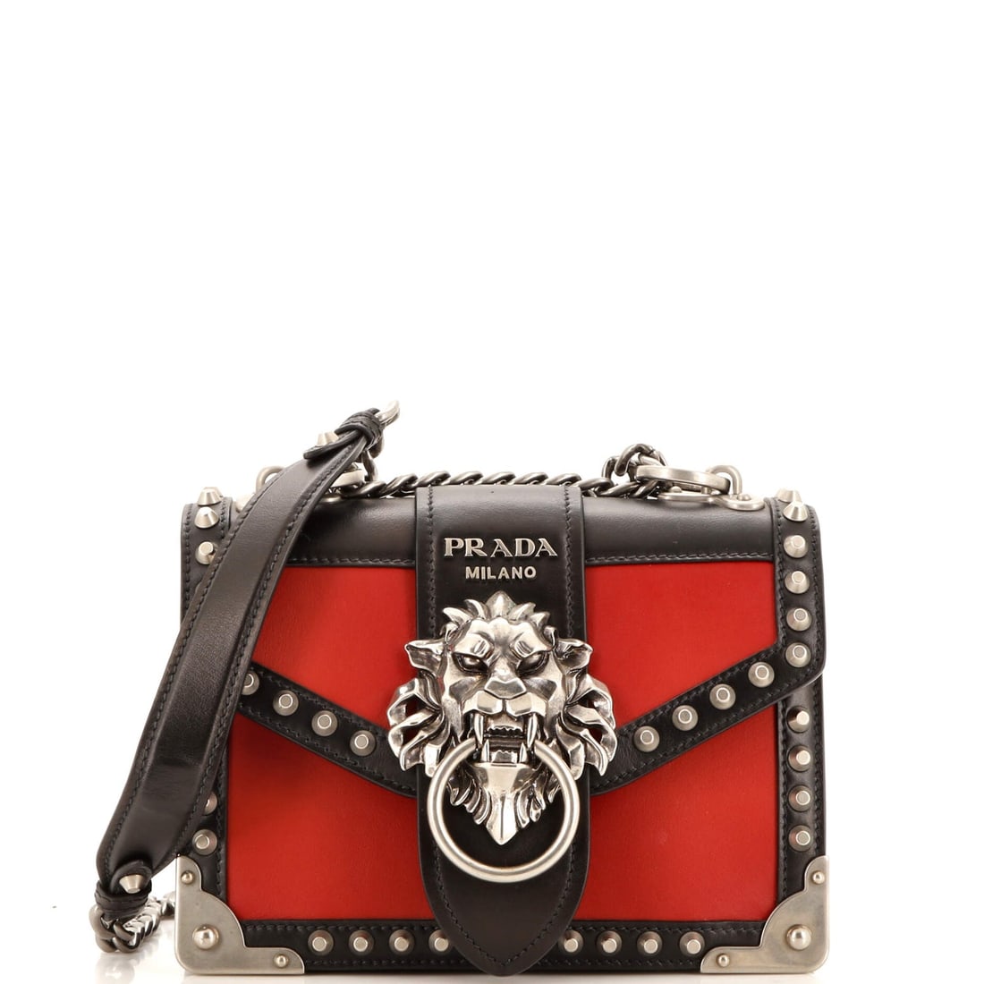 Prada Animalier Cahier Crossbody Bag City: Prada Animalier Cahier Crossbody Bag City Calf and Saffiano Small Exterior Color: Black, Red Interior Color: Black Exterior Material: Leather Interior Material: Leather Hardware Color: Aged Silver