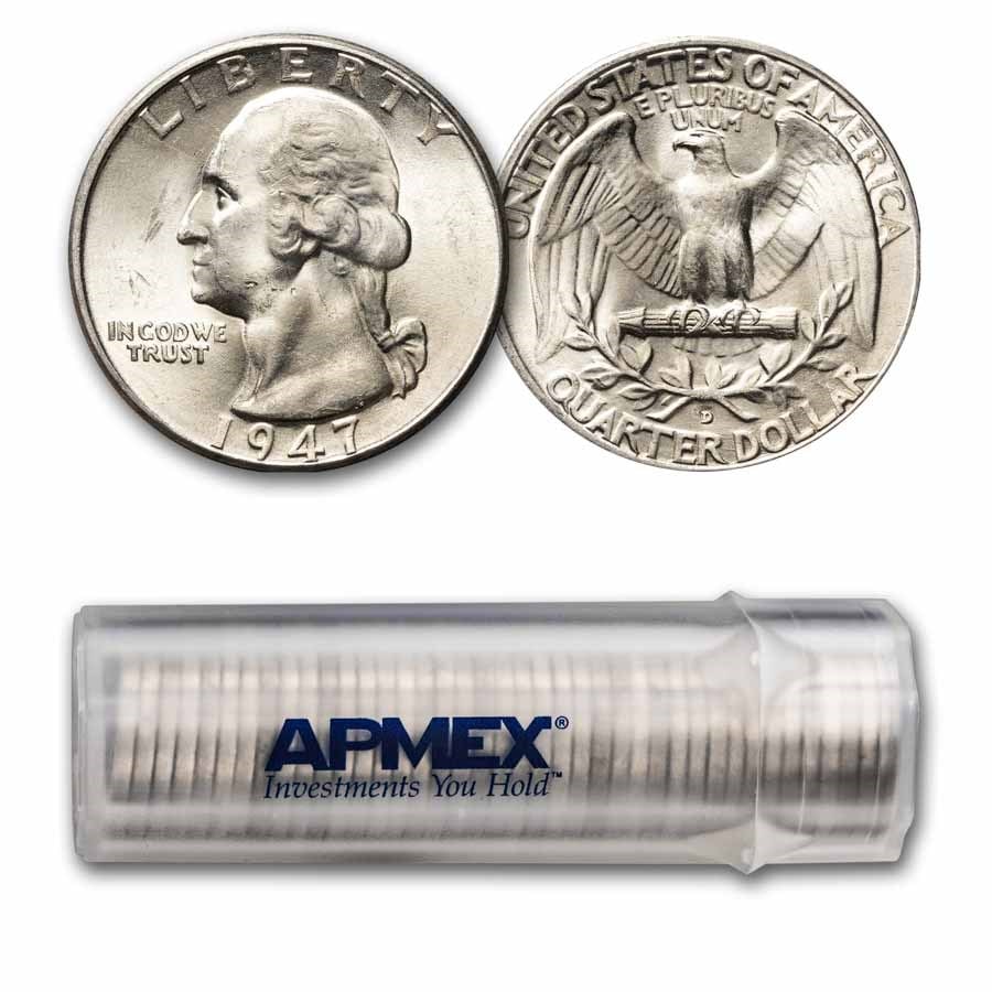 1947-D Washington Quarter 40-Coin Roll BU: 1947-D Washington Quarter 40-Coin Roll BU SKU no: RBJ77110 Year: 1947 Grade: Brilliant Unc Grade Service: None Denomination: 25 Cents Mint Mark: D - Denver Metal Content: 7.23 troy oz