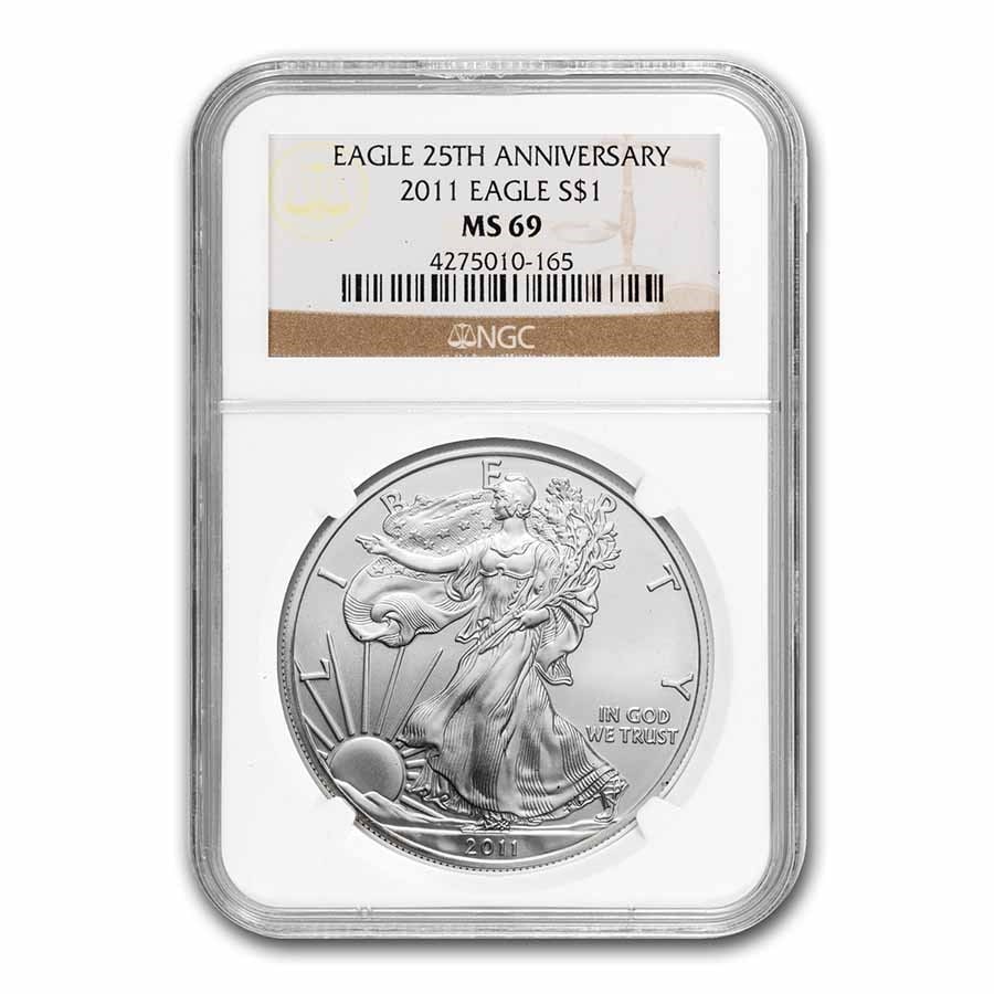 2011 Silver Eagle MS-69 NGC (25th: 2011 Silver Eagle MS-69 NGC (25th Anniversary, Brown Label) SKU no: RBJ60526 Year: 2011 Grade Service: NGC Denomination: 1 Dollar Metal Content: 1 troy oz Purity: .999 Thickness: 2.98 mm