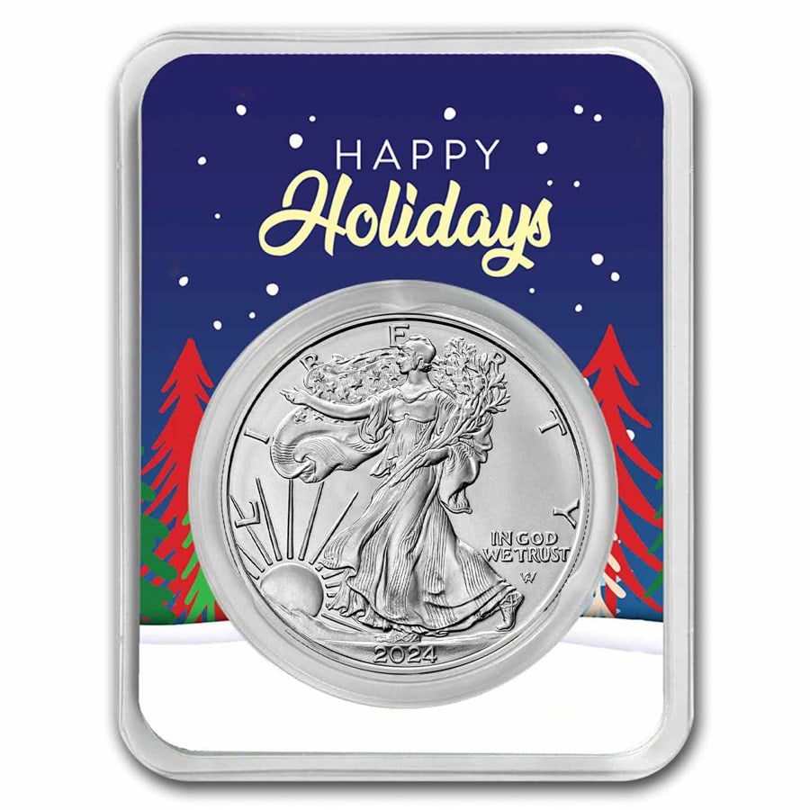 2024 1 oz American Silver Eagle: 2024 1 oz American Silver Eagle - w/Happy Holidays Trees Card SKU no: RBJ280971 Year: 2024 Grade Service: Other Denomination: 1 Dollar Mint Mark: W - West Point (Not Shown) Metal Content: 1 troy o
