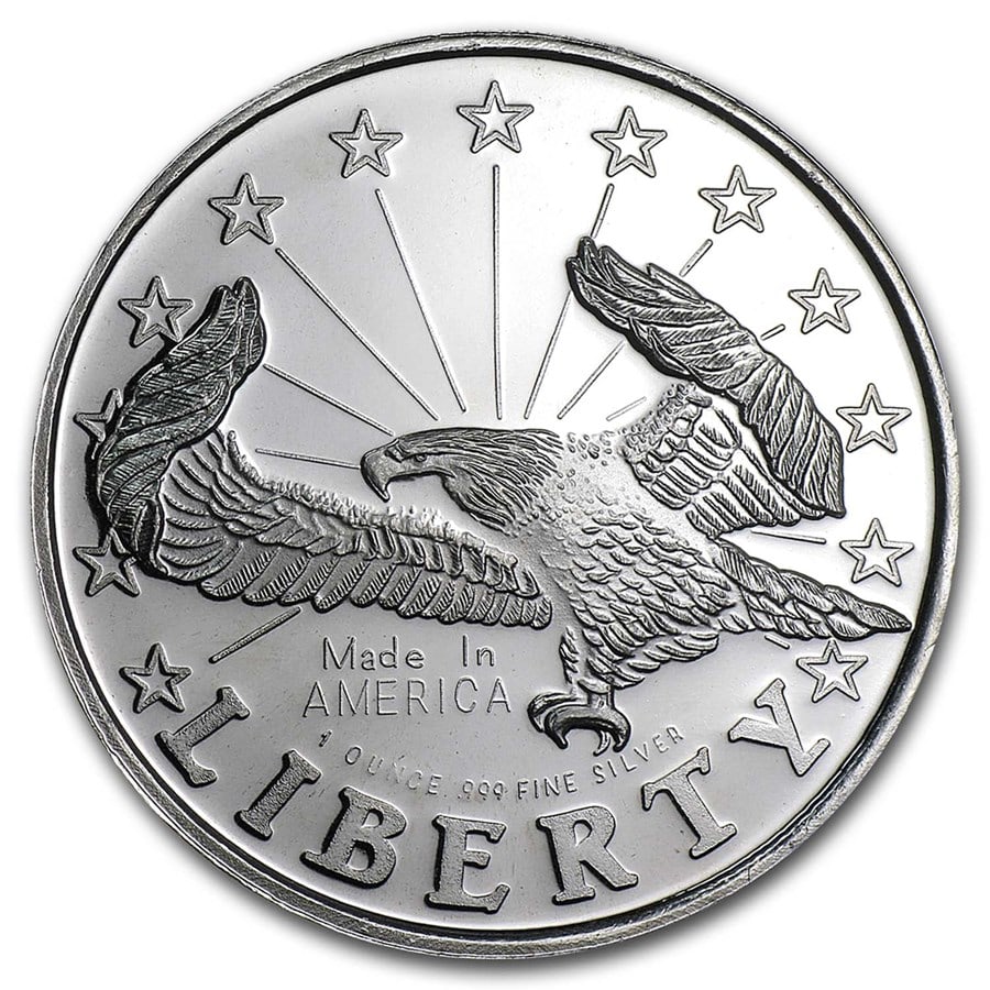 1 oz Silver Round - Liberty: 1 oz Silver Round - Liberty Eagle SKU no: RBJ55643 Year: N/A Grade: None Grade Service: None Mint Mark: N/A - Not Available Metal Content: 1 troy oz Purity: .999 Thickness: 2.8 m