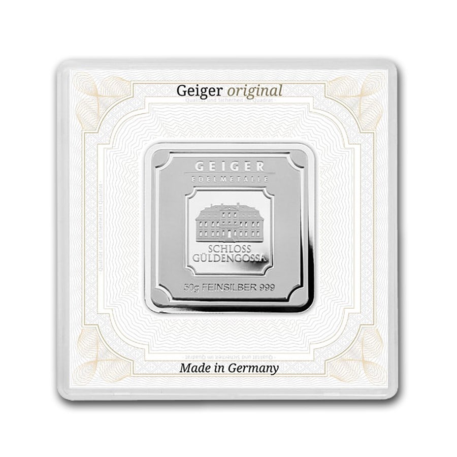 50 gram Silver Square - Geiger: 50 gram Silver Square - Geiger Edelmetalle (Encapsulated w/Assay) SKU no: RBJ155924 Year: N/A Grade: None Grade Service: None Mint Mark: N/A - Not Available Metal Content: 1.6075 troy oz