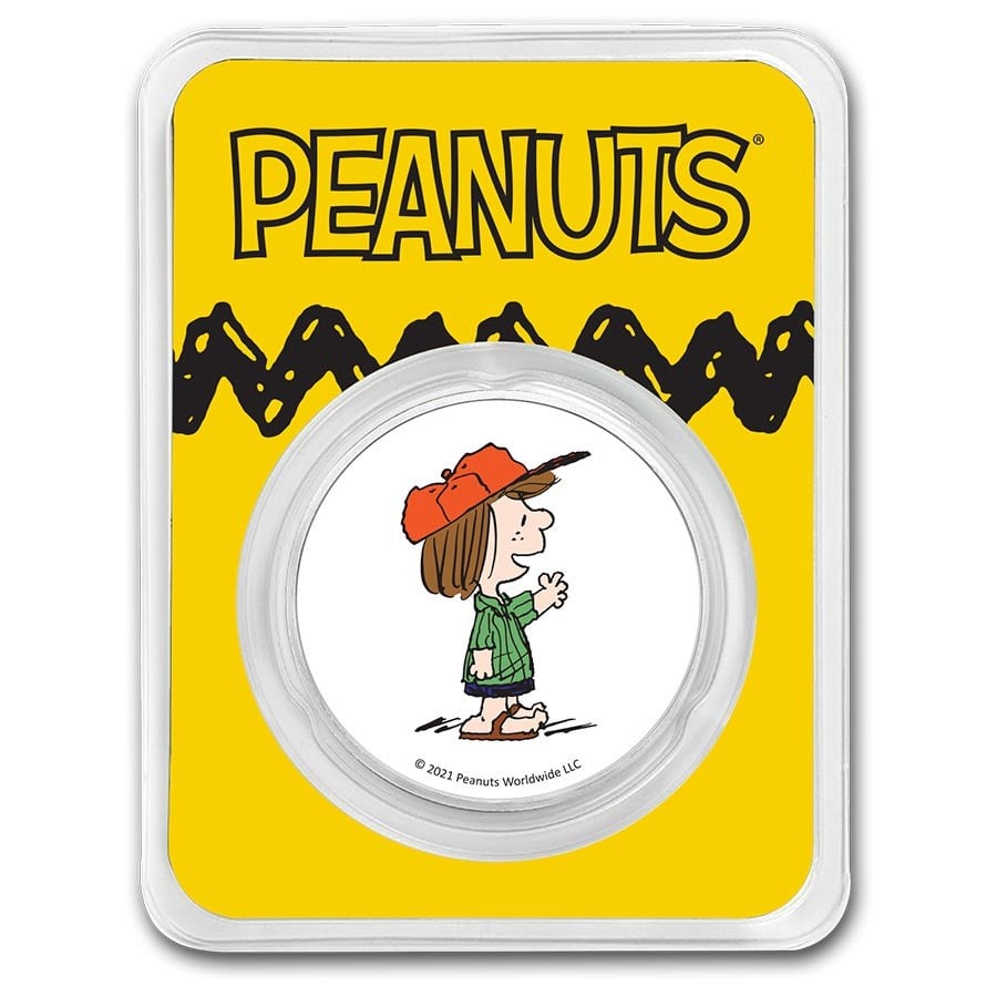 Peanuts Peppermint Patty 1 oz Colorized: Peanuts Peppermint Patty 1 oz Colorized Silver Round SKU no: RBJ232312 Year: N/A Grade: None Grade Service: None Mint Mark: N/A - Not Available Metal Content: 1 troy oz Purity: .999 <